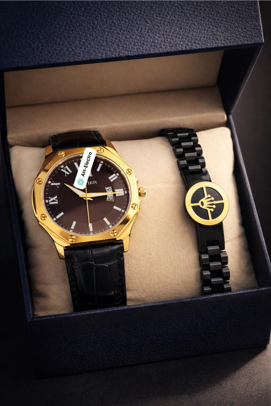 Montre Cartier Homme Luxe – Bracelet Cuir Marron & Boîtier Doré