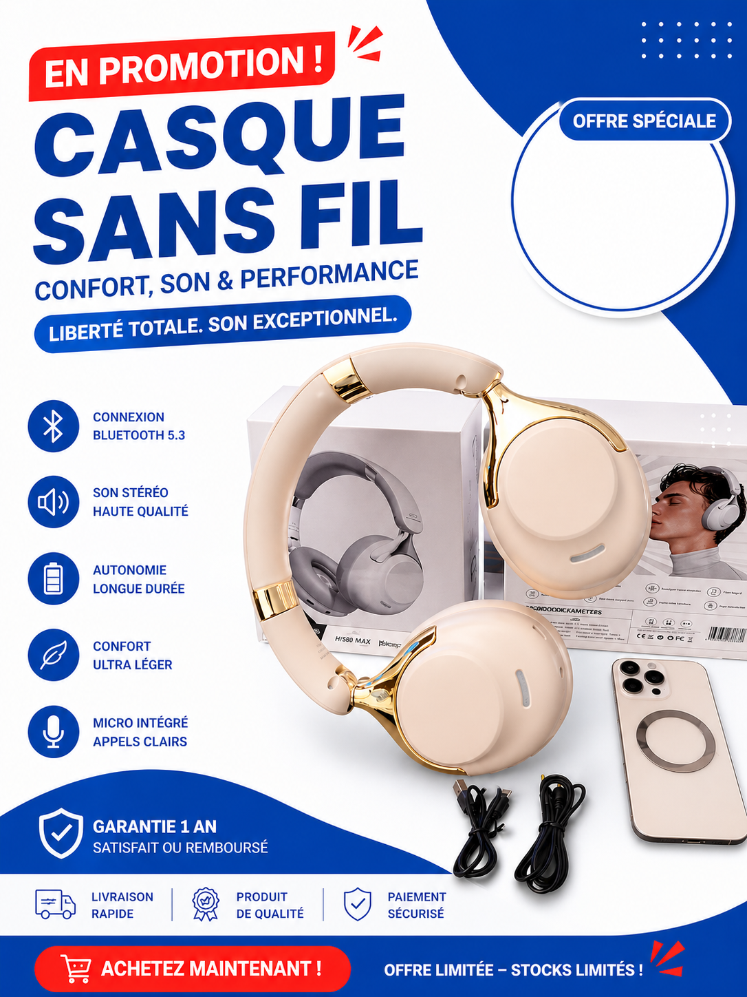 Casque Sans Fil Bluetooth 5.3 – Son Stéréo Haute Qualité & Confort Premium