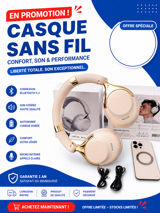 Casque Sans Fil Bluetooth 5.3 – Son Stéréo Haute Qualité & Confort Premium