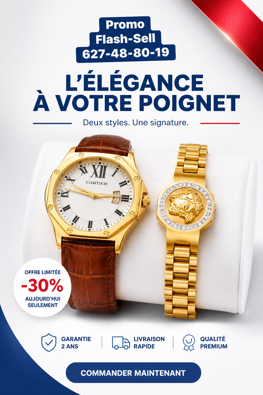 Montre Cartier Homme Luxe – Bracelet Cuir Marron & Boîtier Doré